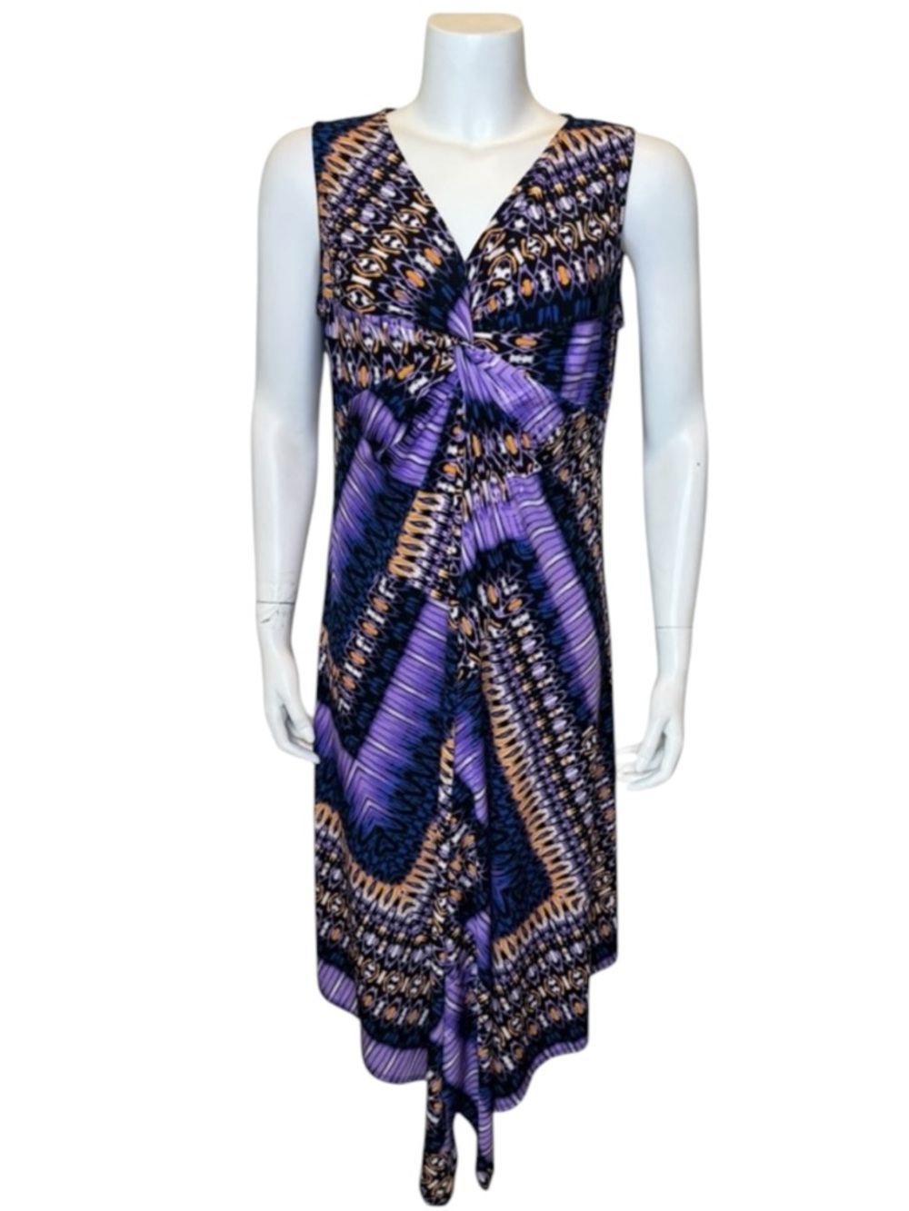 Chico’s Sleeveless Handkerchief Hem Dress Size 2 (L) Midi Purple Geometric Print